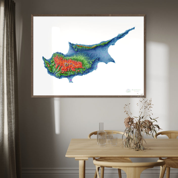 Кипр - Карта высот, белая - Fine Art Print
