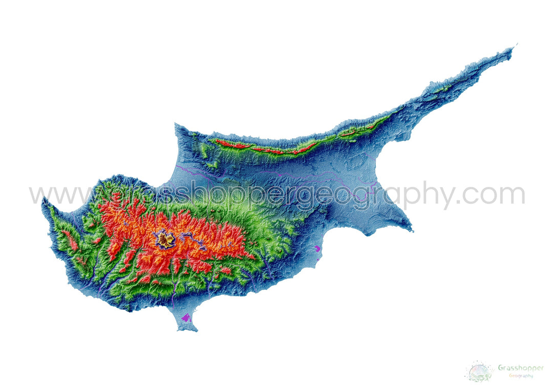Кипр - Карта высот, белая - Fine Art Print