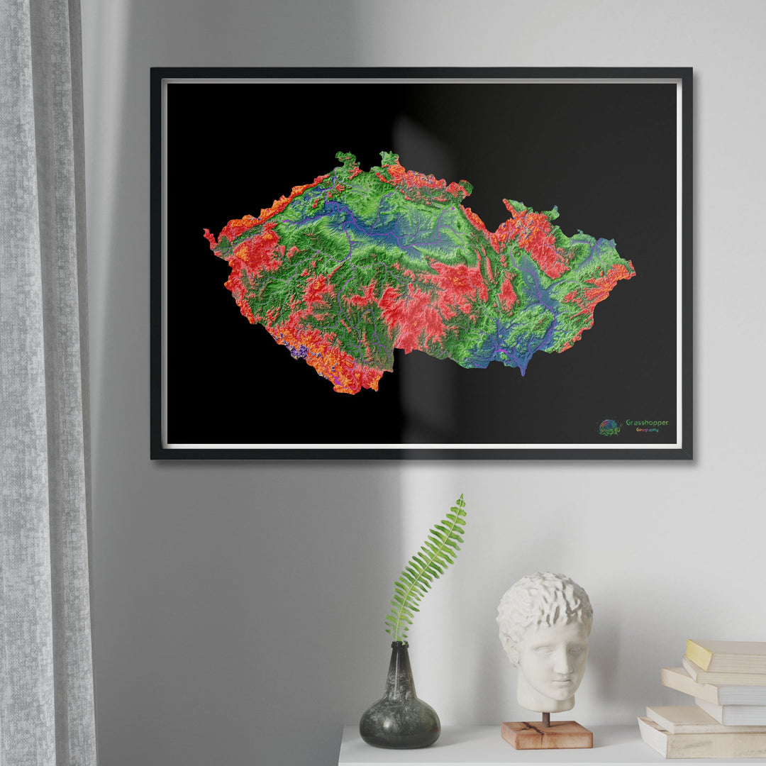 Chequia - Mapa de elevación, negro - Impresión de bellas artes
