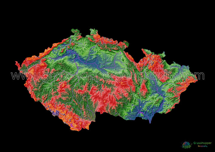 Chequia - Mapa de elevación, negro - Impresión de bellas artes