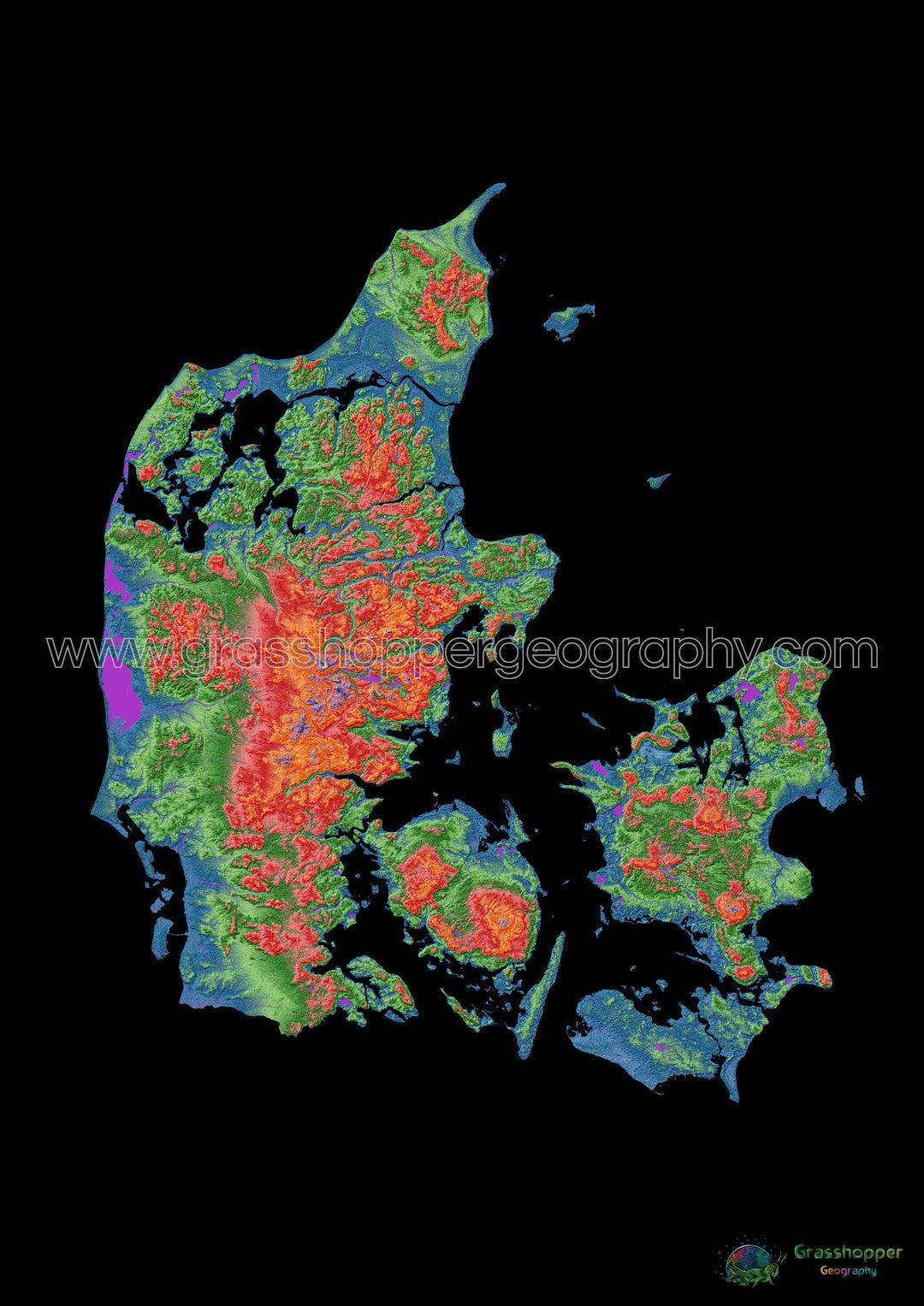 Dinamarca - Mapa de elevación, negro - Impresión de Bellas Artes
