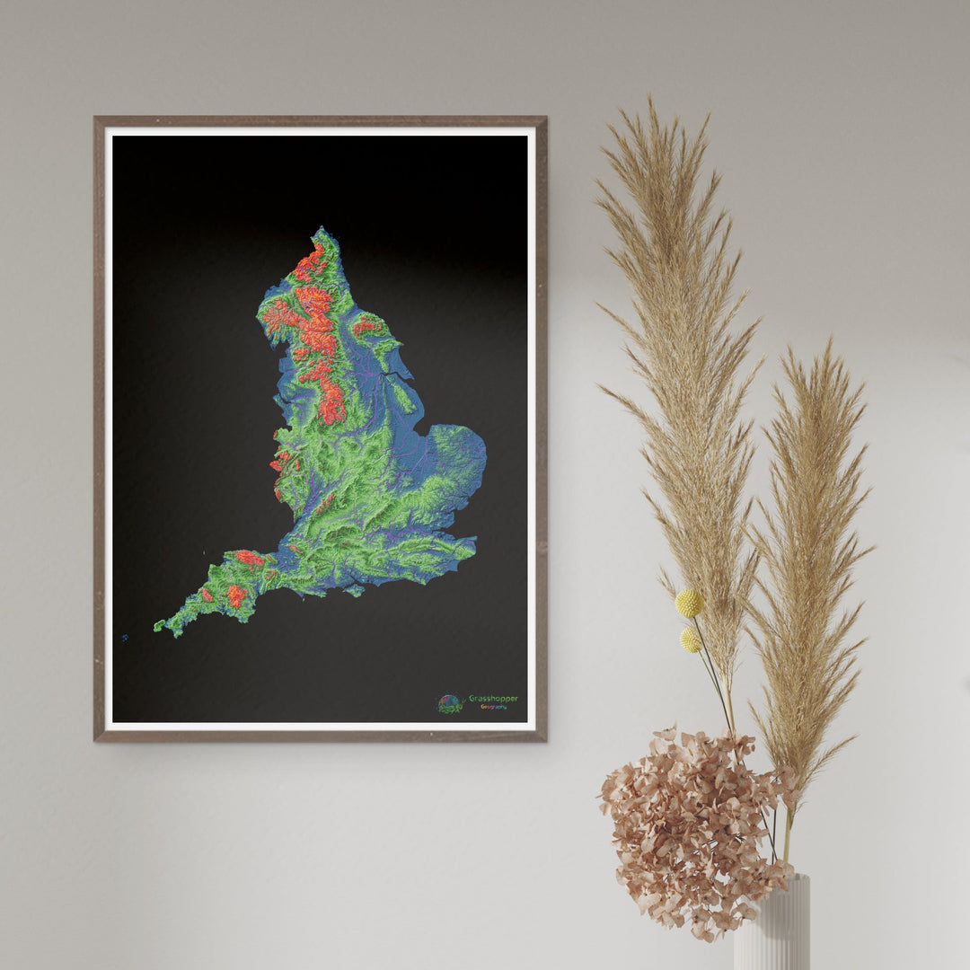 Inglaterra - Mapa de elevación, negro - Impresión de Bellas Artes