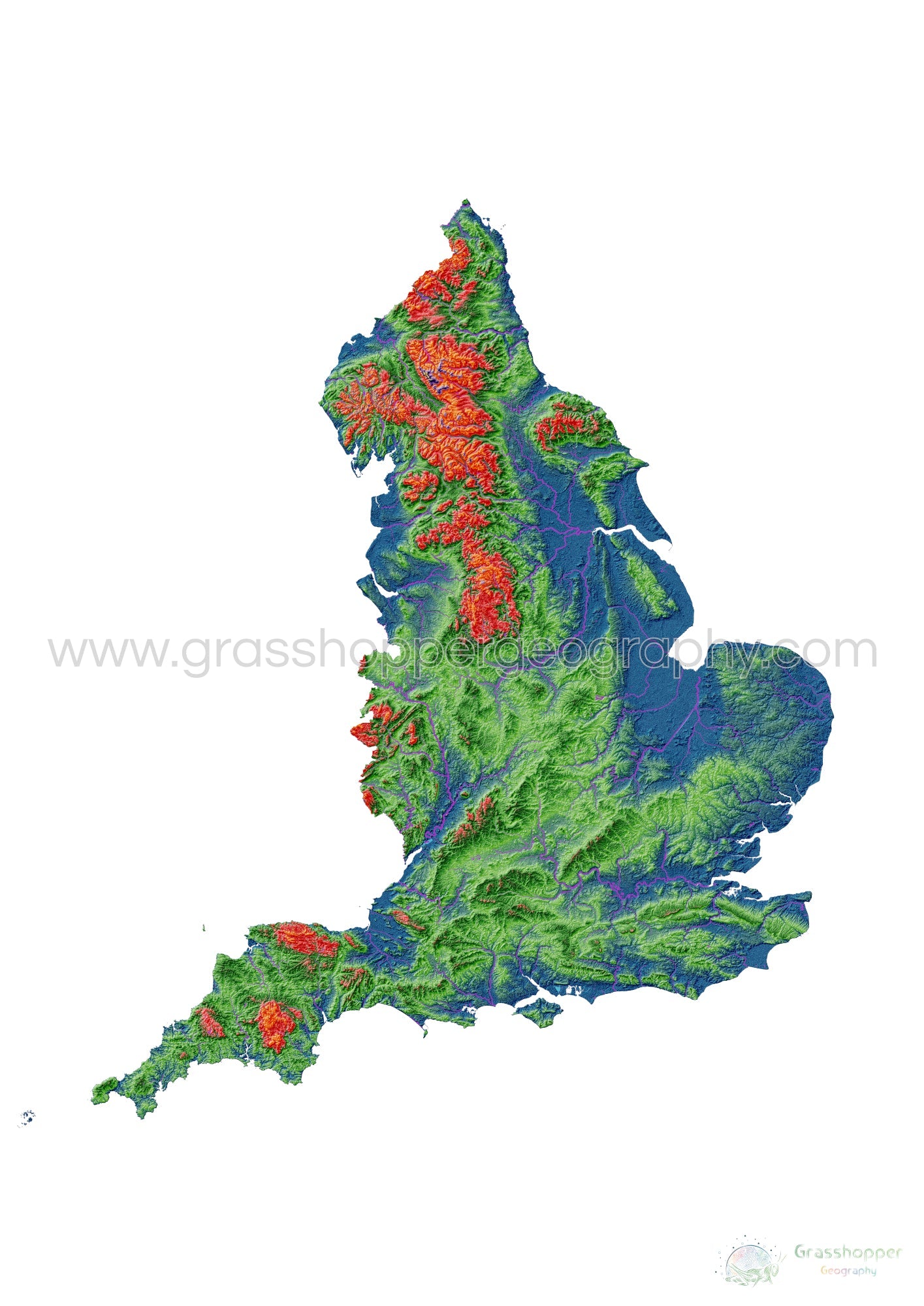 Fine　England　Grasshopper　map,　Elevation　Geography　Print　white　Art　–