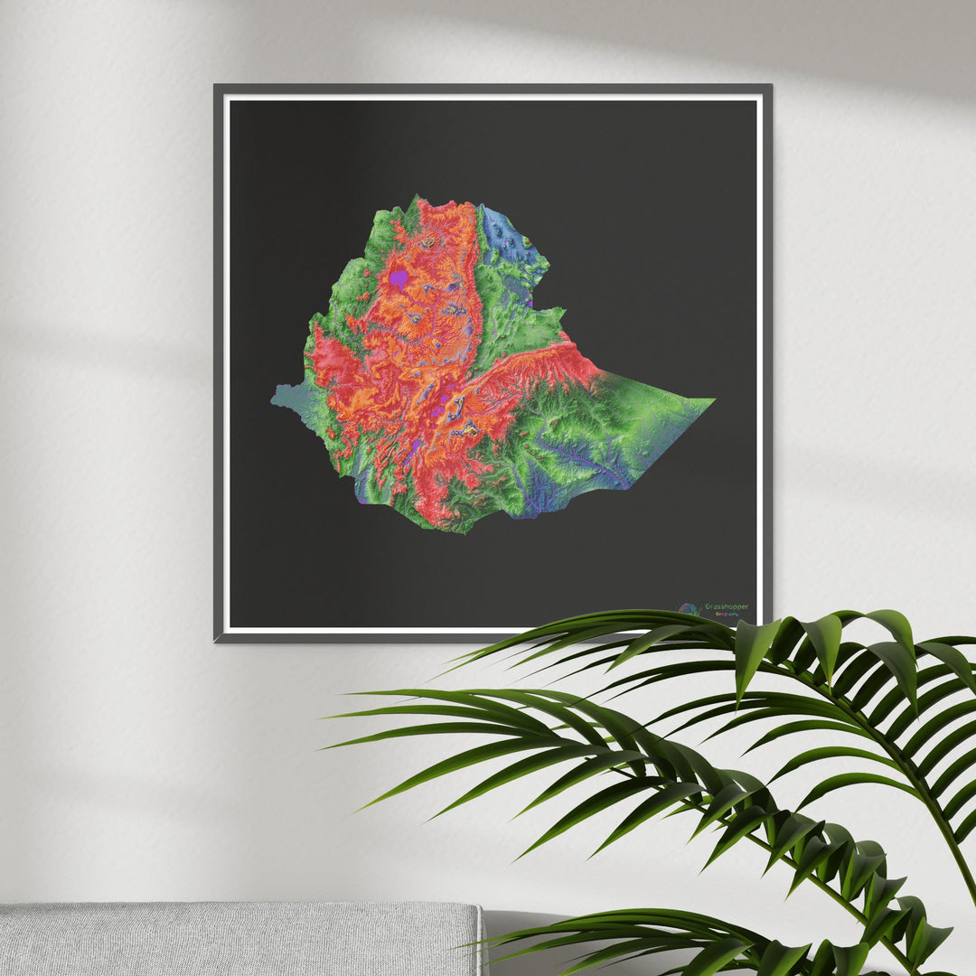 Etiopía - Mapa de elevación, negro - Impresión de Bellas Artes