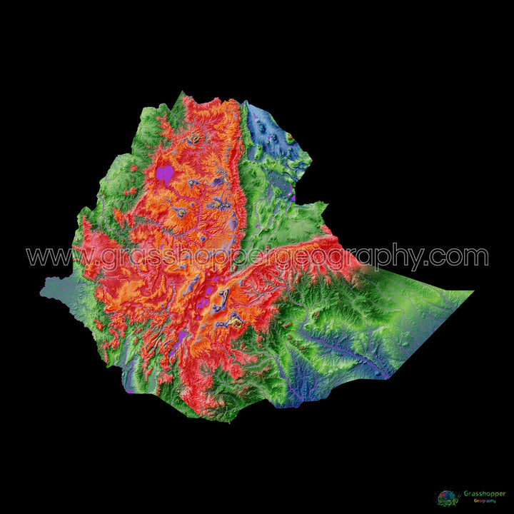 Etiopía - Mapa de elevación, negro - Impresión de Bellas Artes