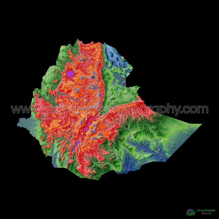 Éthiopie - Carte d'élévation, noir - Tirage d'art