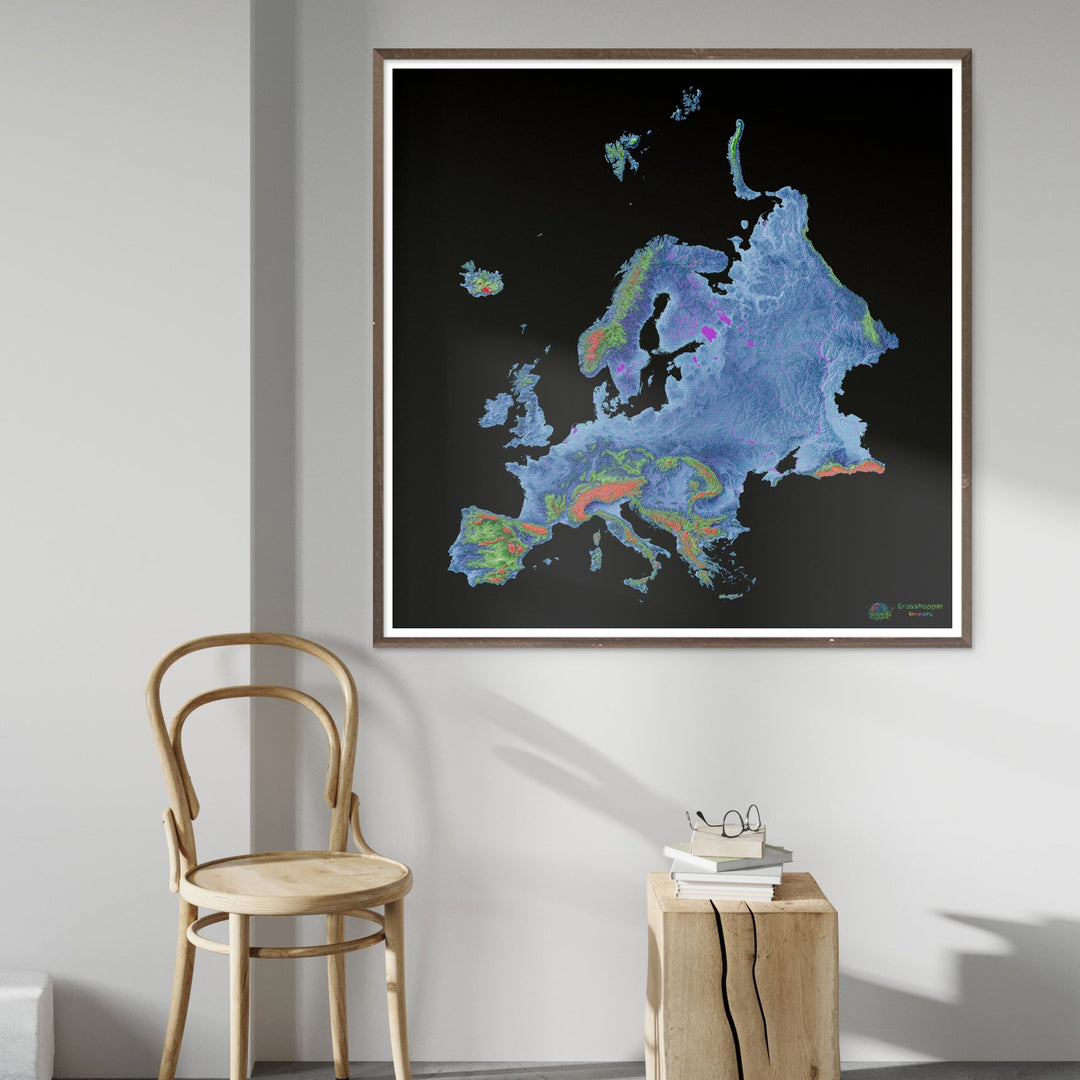 Europe - Carte d'élévation, noir - Tirage d'art