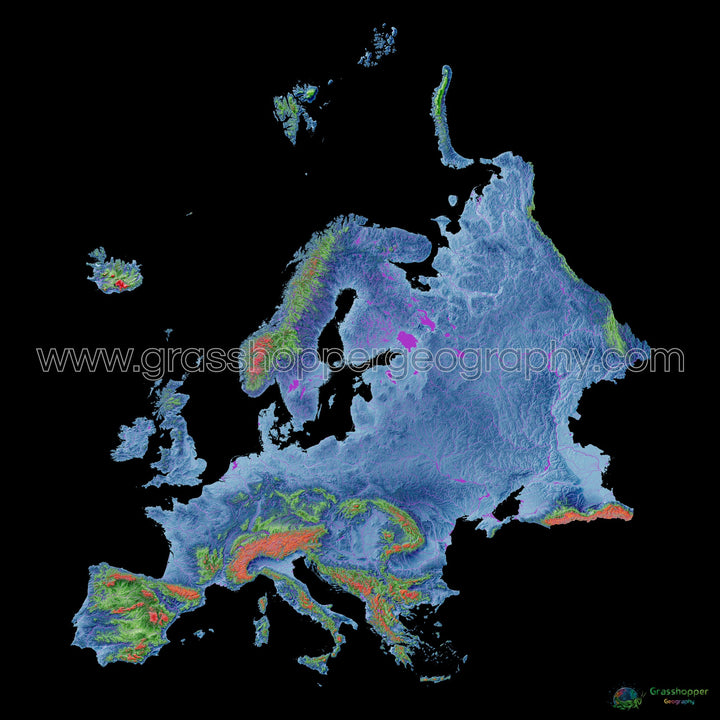 Europa - Mapa de elevación, negro - Impresión de Bellas Artes