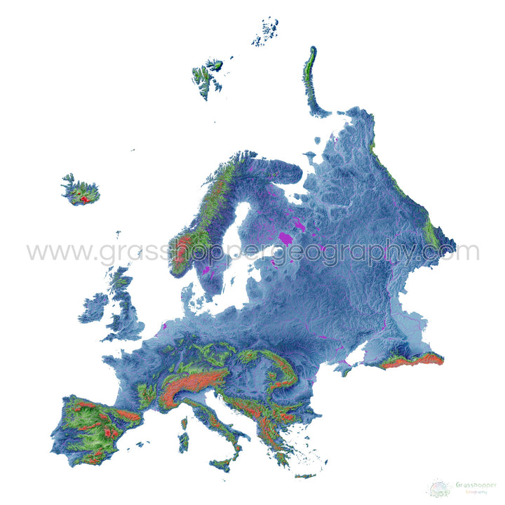 Europe - Elevation map, white - Fine Art Print