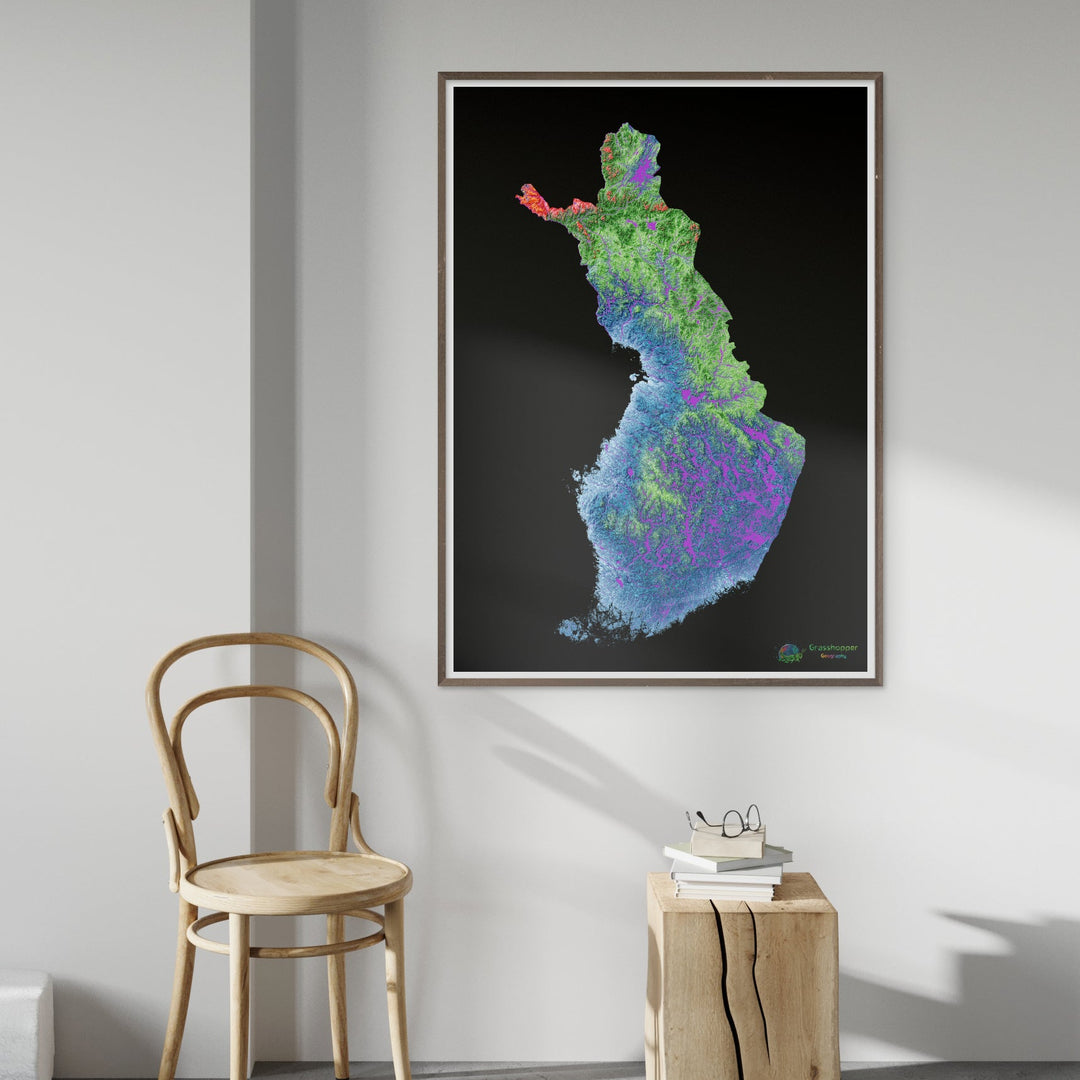 Elevation map of Finland with black background - Fine Art Print