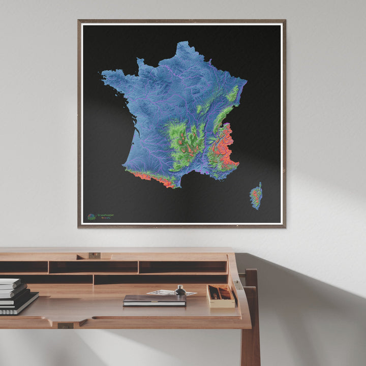 Elevation map of France with black background - Fine Art Print