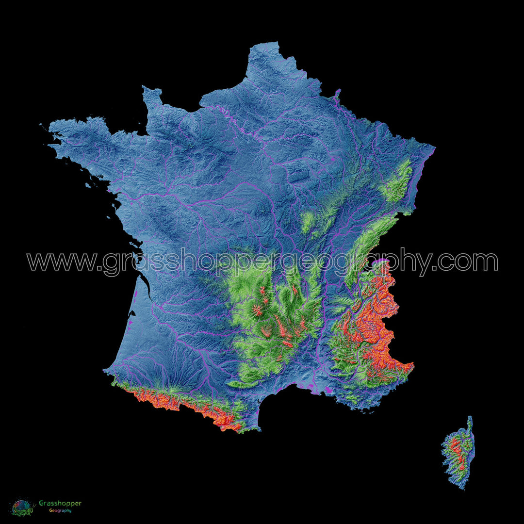 Elevation map of France with black background - Fine Art Print