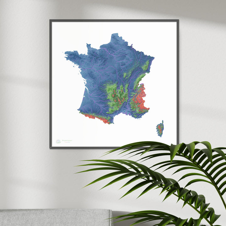 France - Carte d'altitude, blanche - Tirage d'art