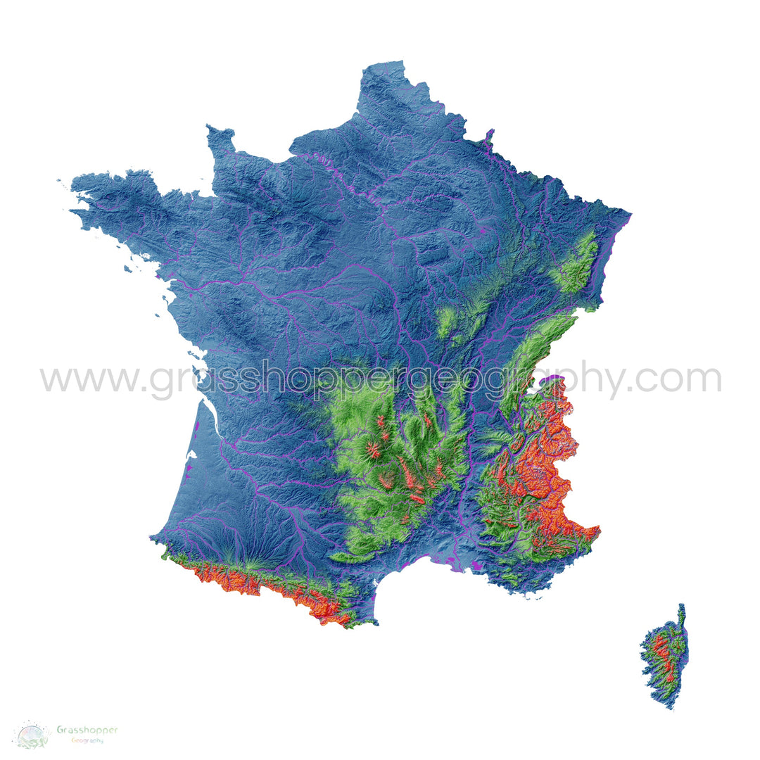 Francia - Mapa de elevación, blanco - Impresión de Bellas Artes