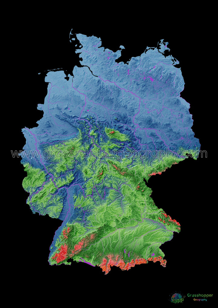 Elevation map of Germany with black background - Fine Art Print