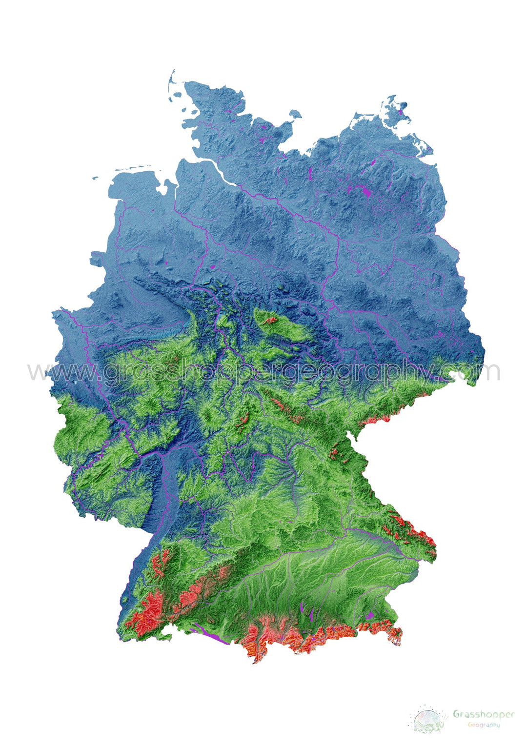 Allemagne - Carte d'altitude, blanche - Tirage d'art