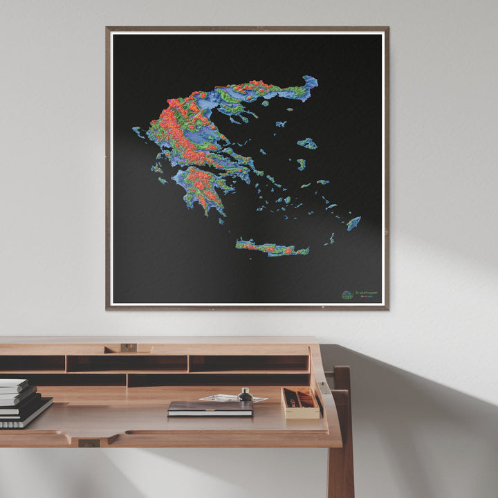 Греция - Карта высот, черная - Fine Art Print