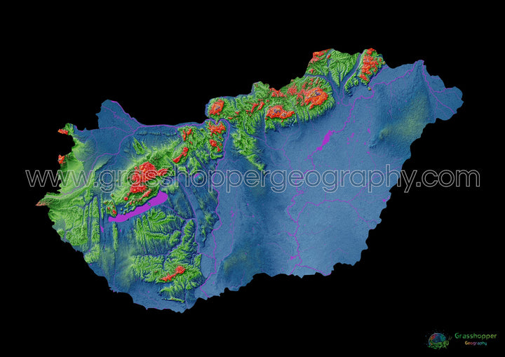 Elevation map of Hungary with black background - Fine Art Print