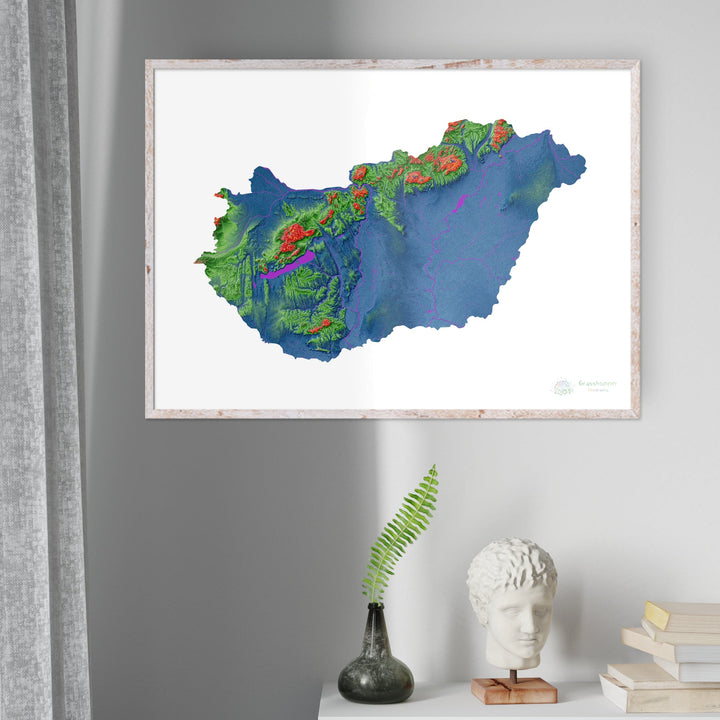 Elevation map of Hungary with white background - Fine Art Print