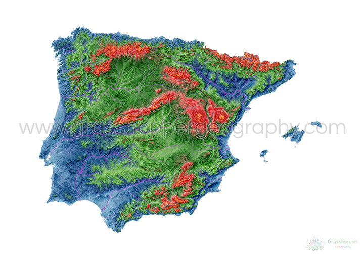 Iberia - Mapa de elevación, blanco - Impresión de Bellas Artes