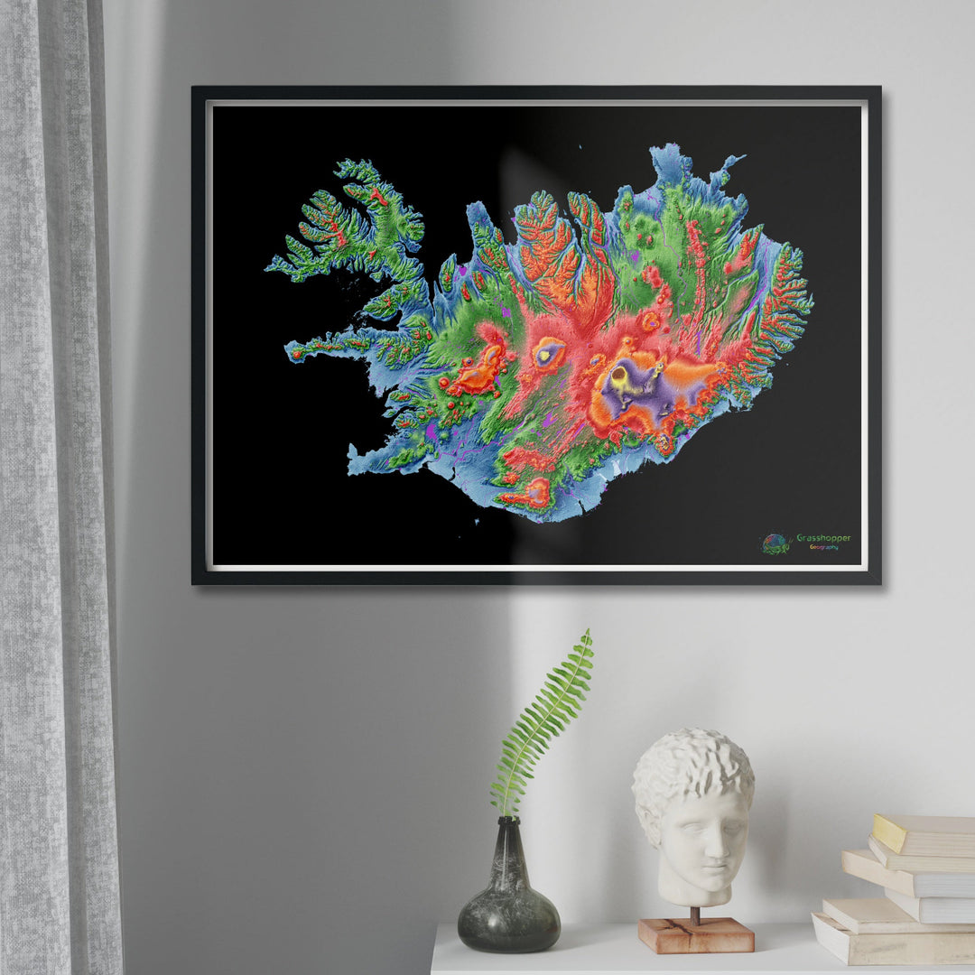 Iceland - Elevation map, black - Fine Art Print