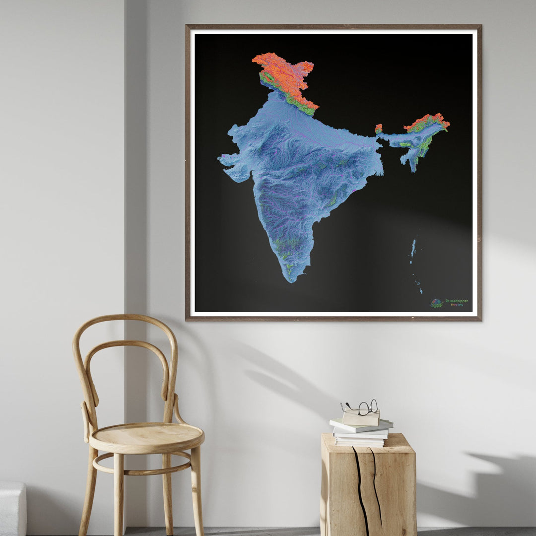 India - Mapa de elevación, negro - Impresión de Bellas Artes
