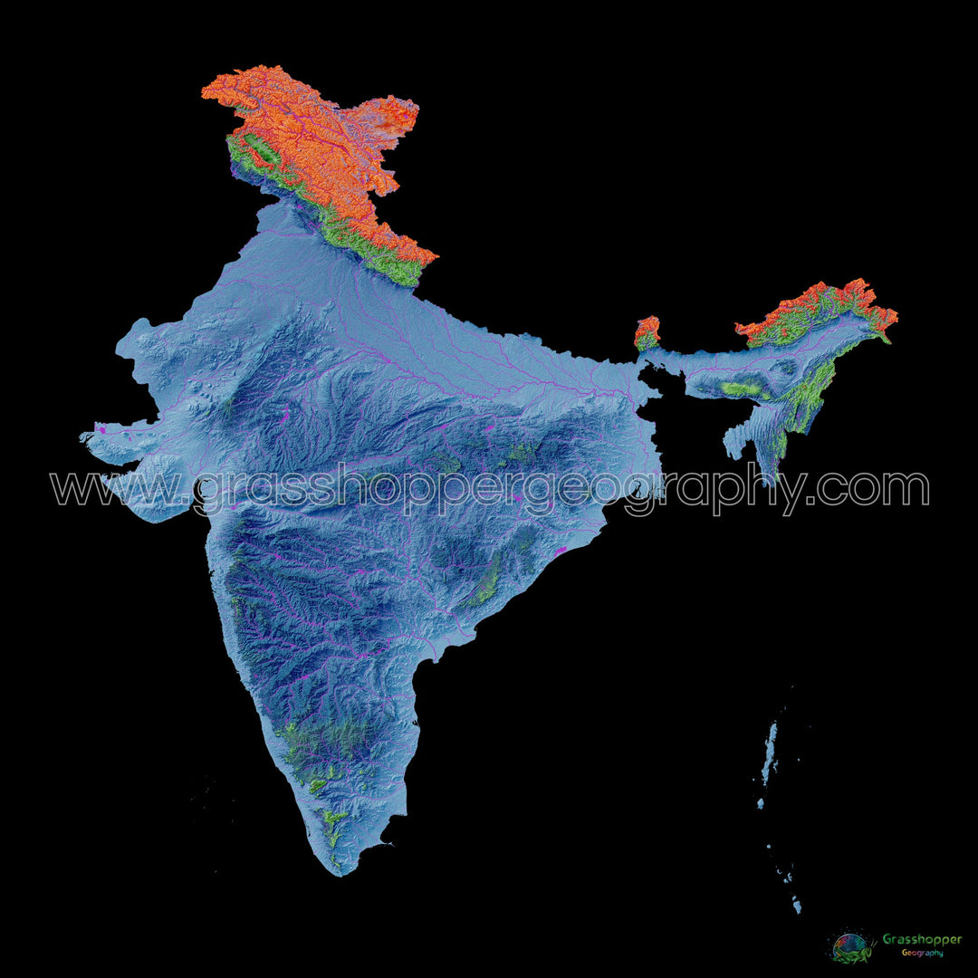 India - Mapa de elevación, negro - Impresión de Bellas Artes