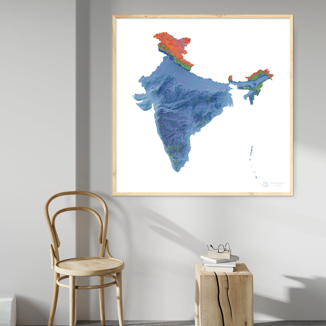 India - Mapa de elevación, blanco - Impresión de Bellas Artes