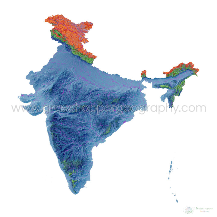 India - Mapa de elevación, blanco - Impresión de Bellas Artes