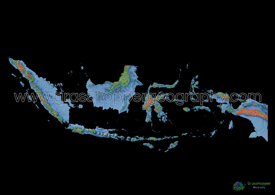 Indonésie - Carte d'élévation, noir - Tirage d'art
