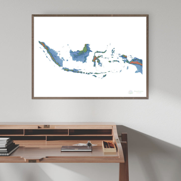 Indonesia - Mapa de elevación, blanco - Impresión de Bellas Artes