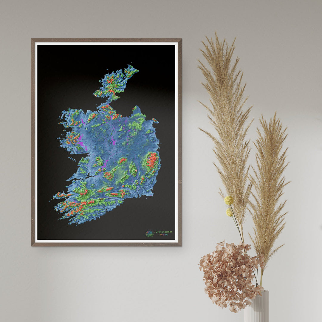 Irlanda - Mapa de elevación, negro - Impresión de Bellas Artes