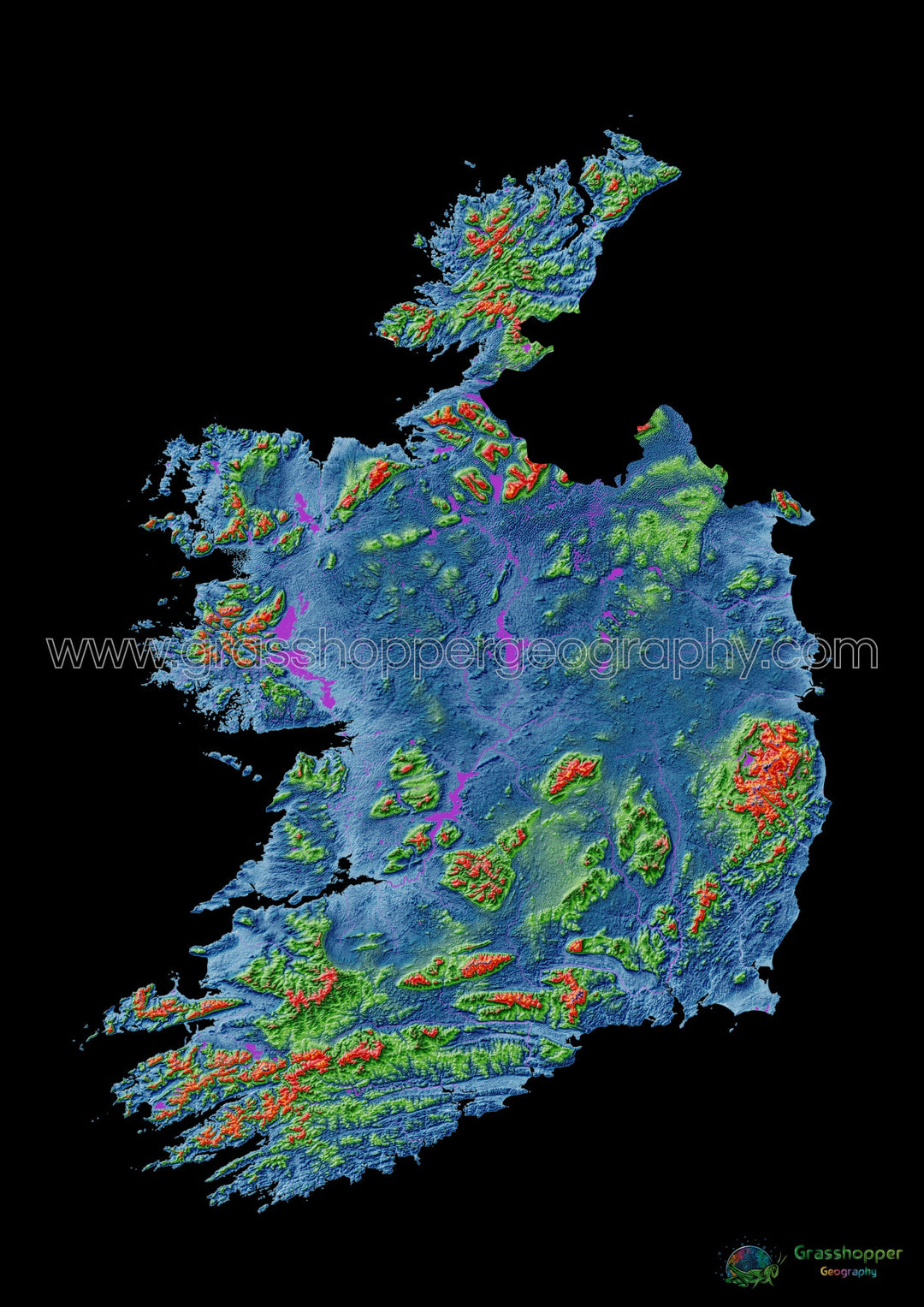 Irlanda - Mapa de elevación, negro - Impresión de Bellas Artes