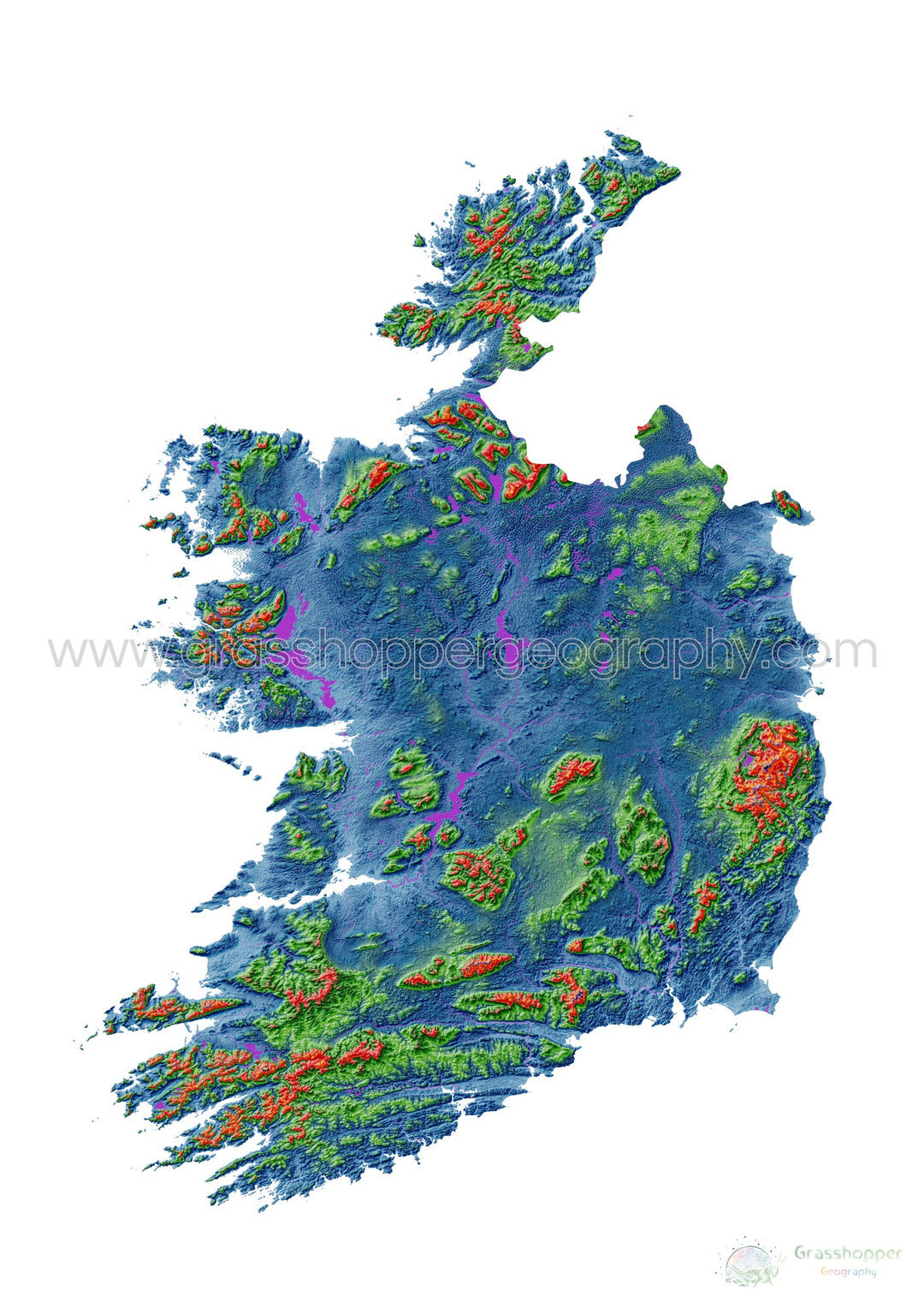 Irlanda - Mapa de elevación, blanco - Impresión de Bellas Artes