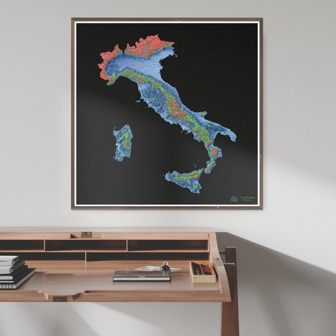 Italia - Mapa de elevación, negro - Impresión de Bellas Artes