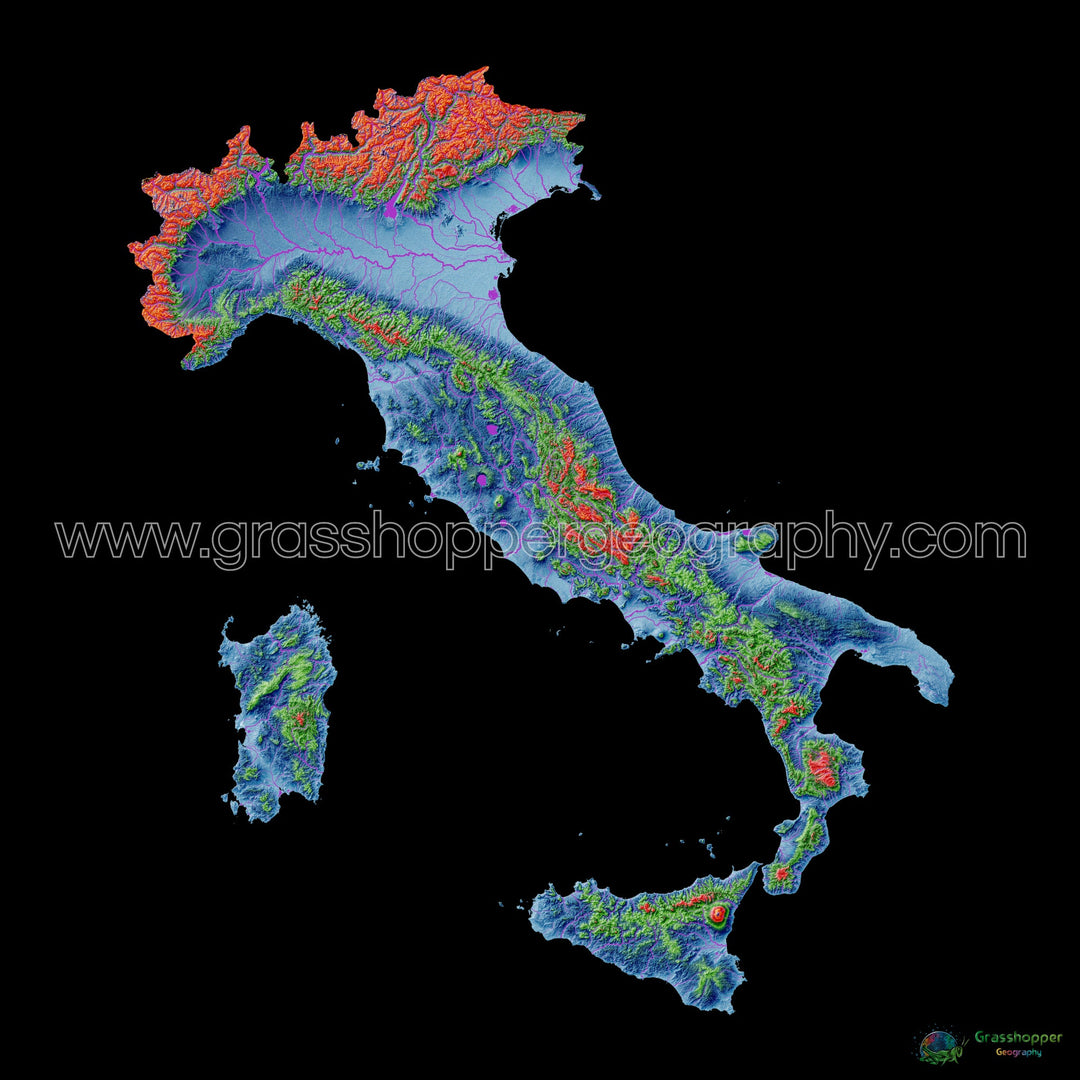 Italia - Mapa de elevación, negro - Impresión de Bellas Artes