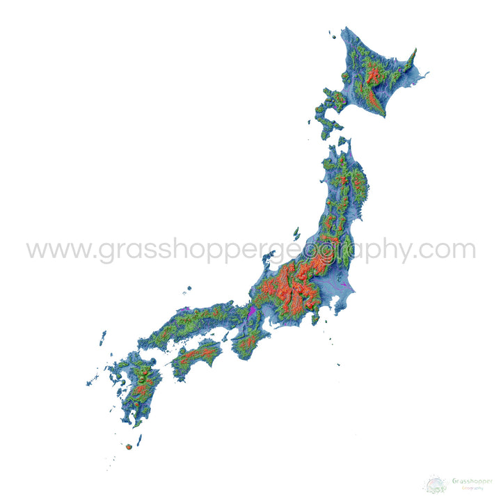 Japón - Mapa de elevación, blanco - Impresión de Bellas Artes