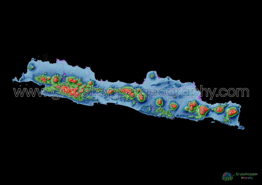 Elevation map of Java with black background - Fine Art Print