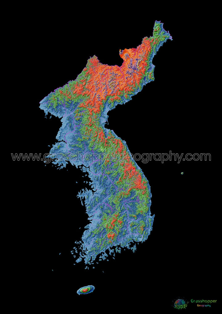 Korea - Elevation map, black - Fine Art Print