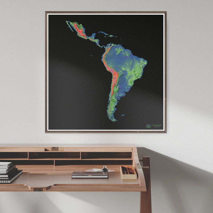 Elevation map of Latin America with black background - Fine Art Print