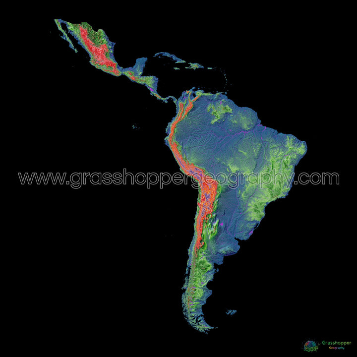 Elevation map of Latin America with black background - Fine Art Print