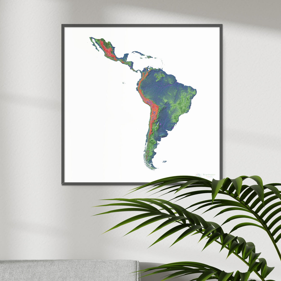 América Latina - Mapa de elevación, blanco - Impresión de Bellas Artes