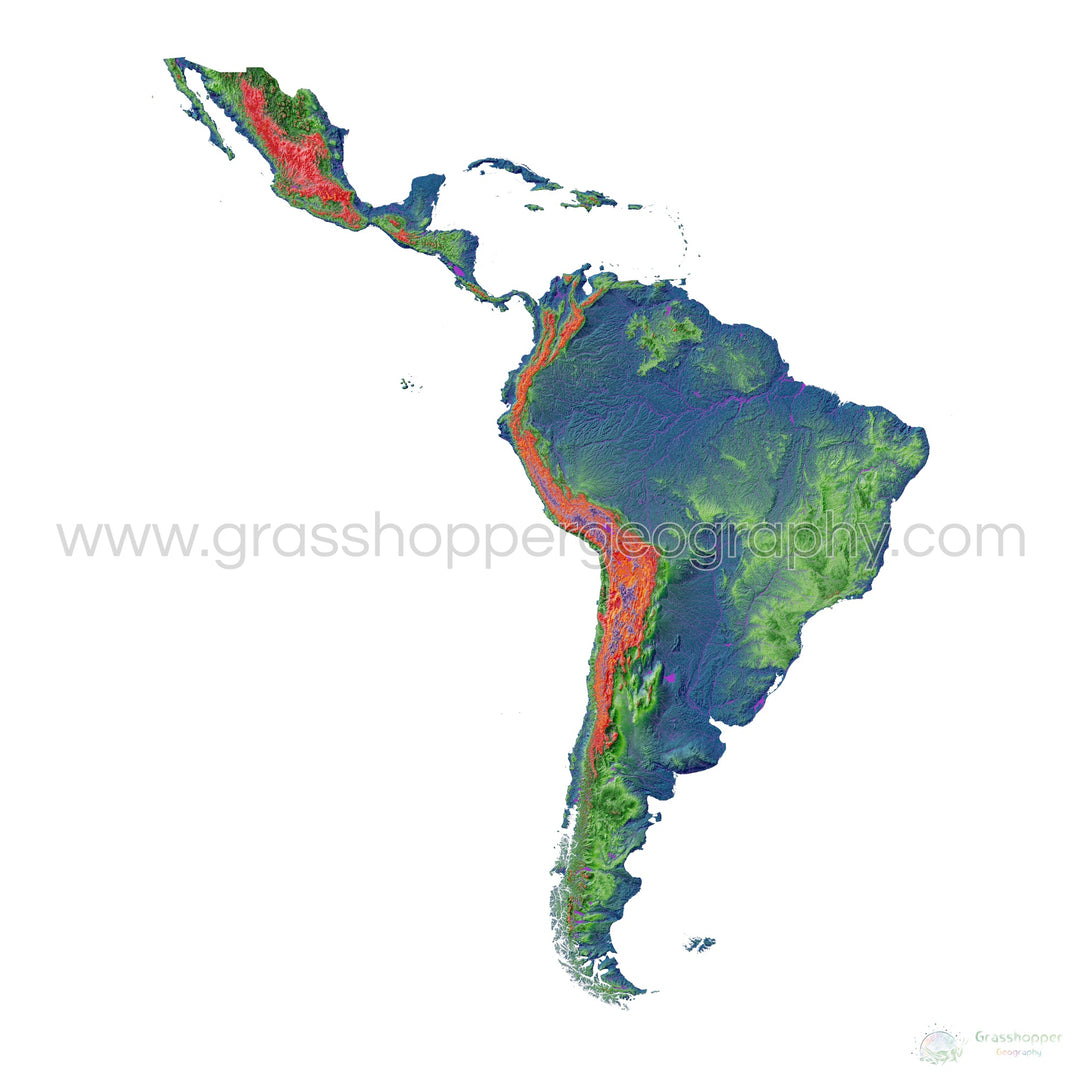 América Latina - Mapa de elevación, blanco - Impresión de Bellas Artes