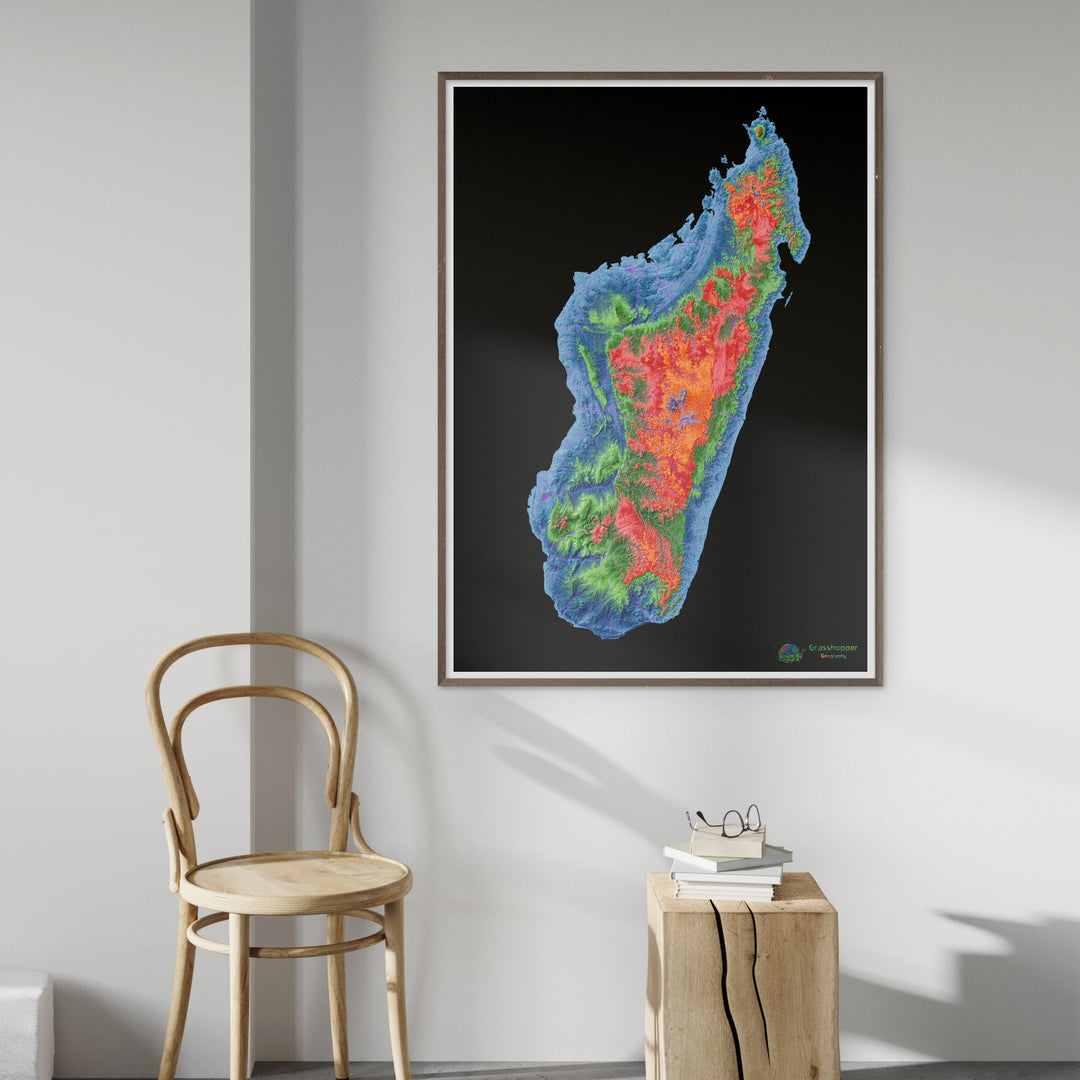 Madagascar - Mapa de elevación, negro - Impresión de Bellas Artes