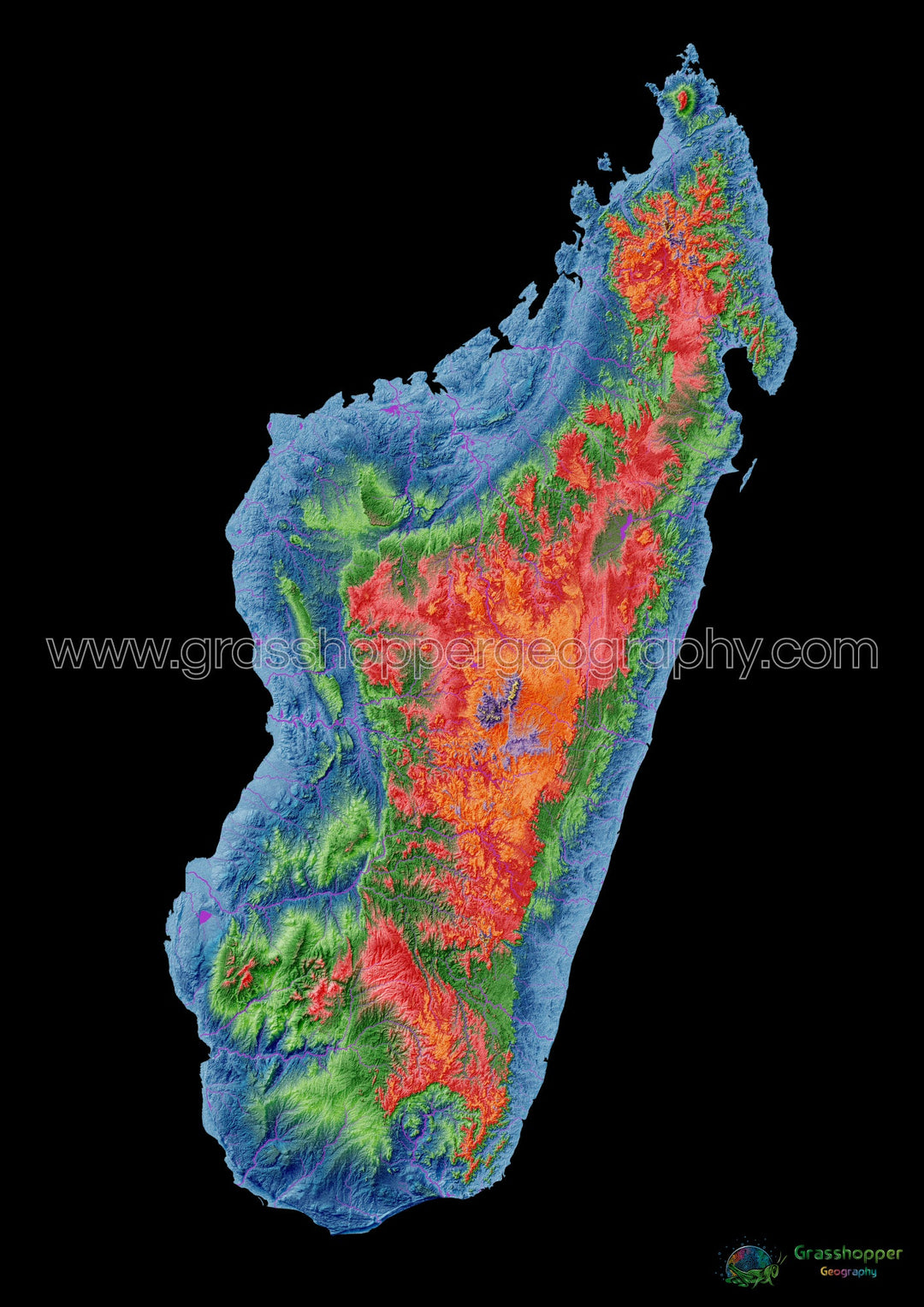 Madagascar - Mapa de elevación, negro - Impresión de Bellas Artes