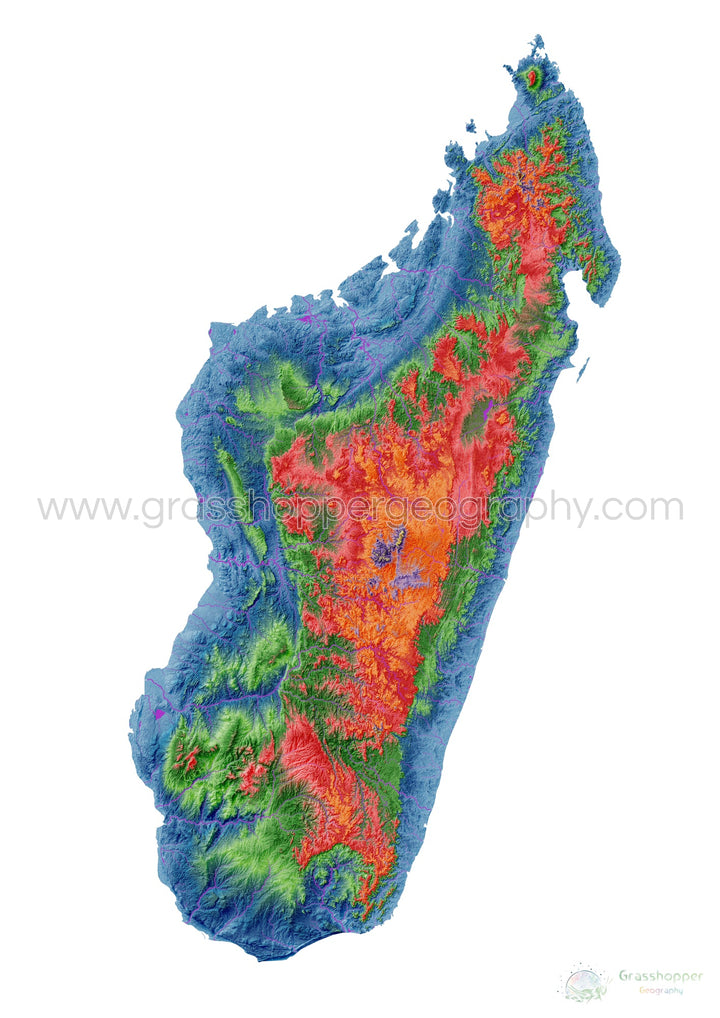 Elevation map of Madagascar with white background - Fine Art Print