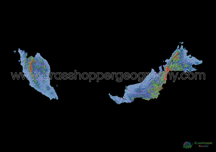 Elevation map of Malaysia with black background - Fine Art Print