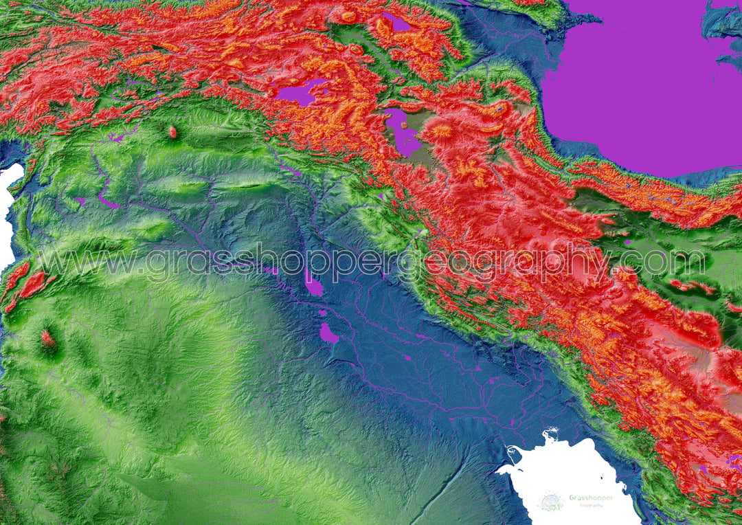 Mesopotamia - Mapa de elevación, blanco - Impresión de Bellas Artes