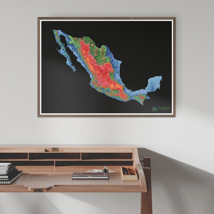 México - Mapa de elevación, negro - Impresión de Bellas Artes