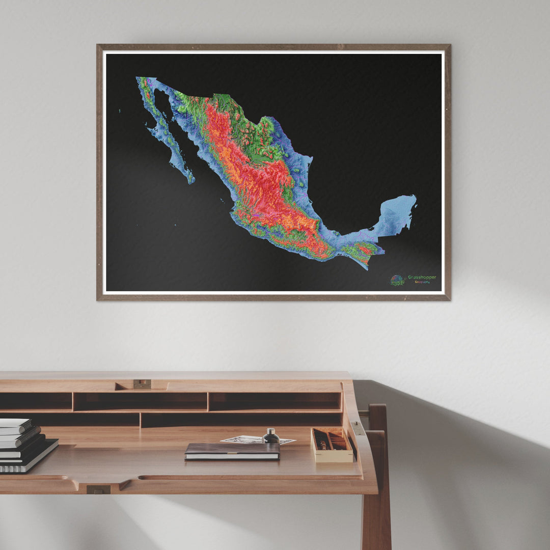 Мексика - Карта высот, черная - Fine Art Print